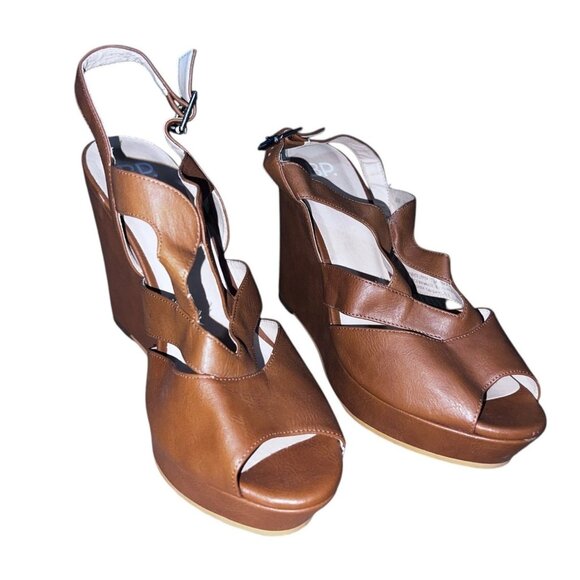 BP Brown Strappy Open Peeop Toe Wedge Sandals Sz 8 M Womens Brown - Picture 4 of 9